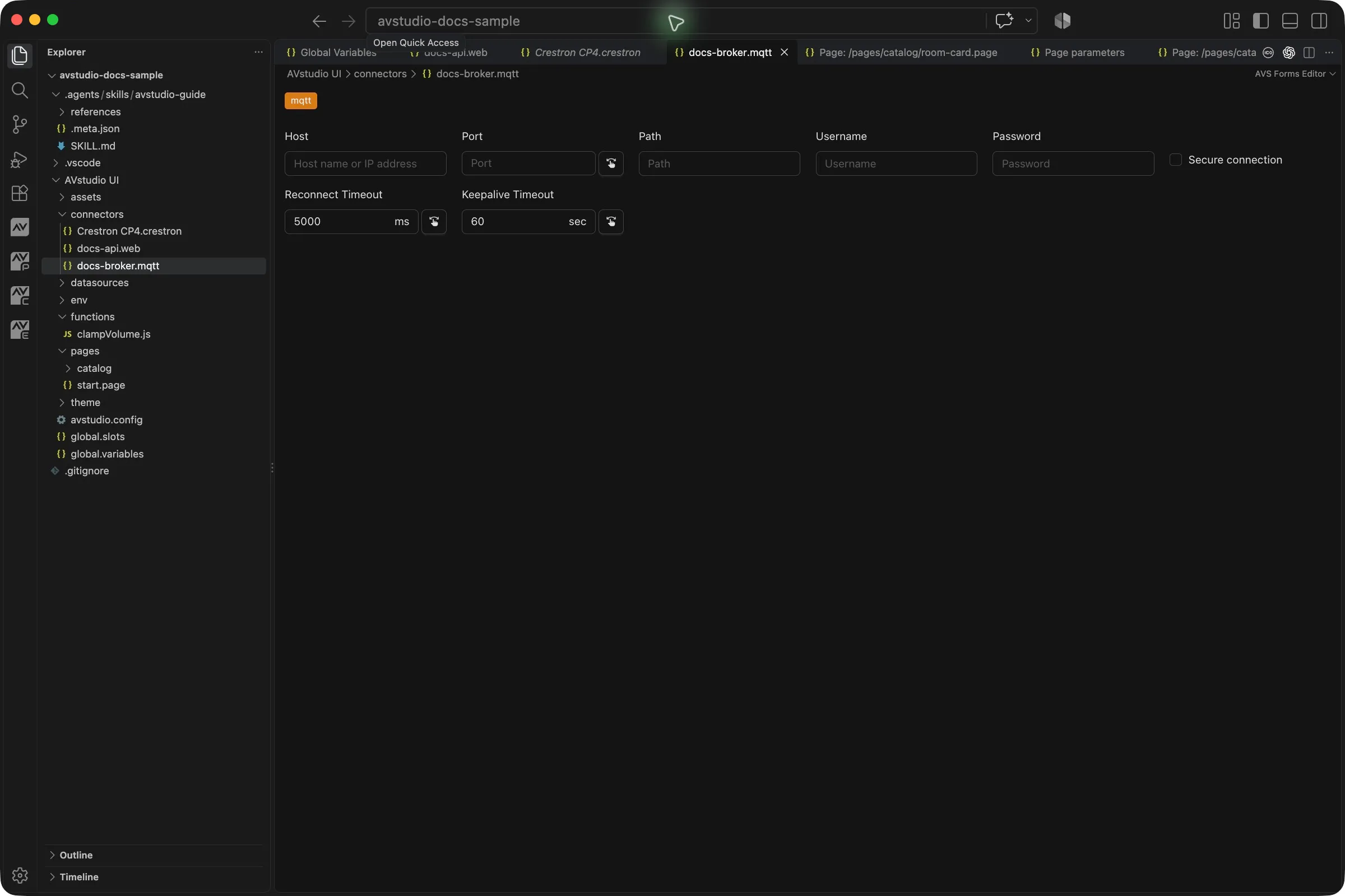 MQTT connector form with broker host, port, path, credentials, security, and reconnect and keepalive settings