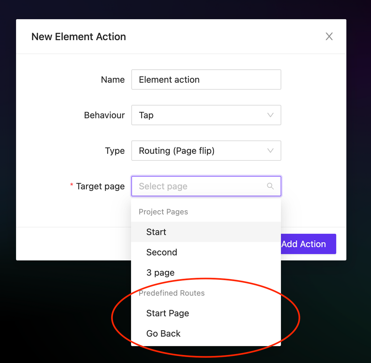We have added static routes in page flip actions, which include the ability to go back to the start page and return to the previous page - Go Back.