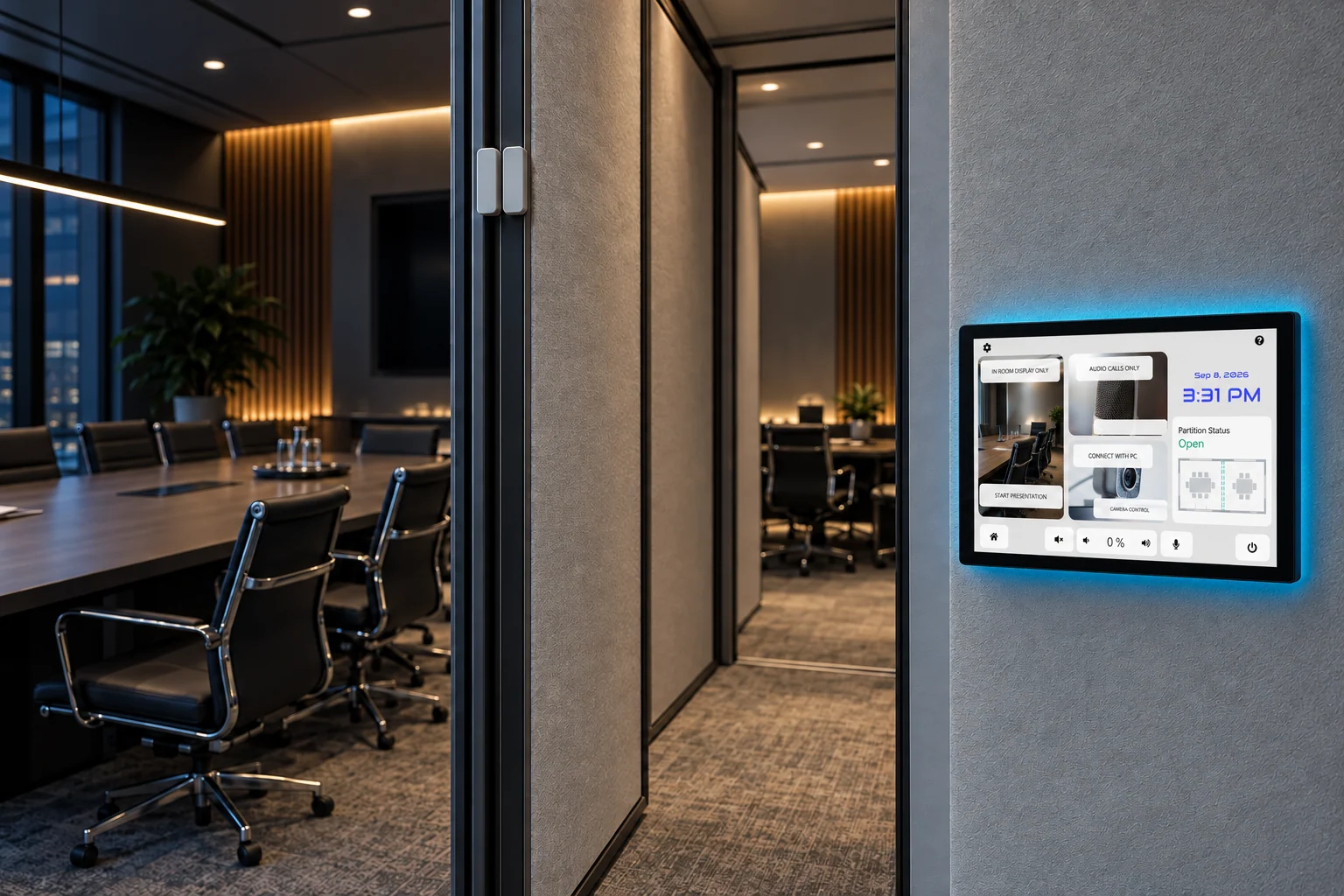 A movable conference room partition with a contact sensor and an AVS touch panel showing the complete control menu and open partition status