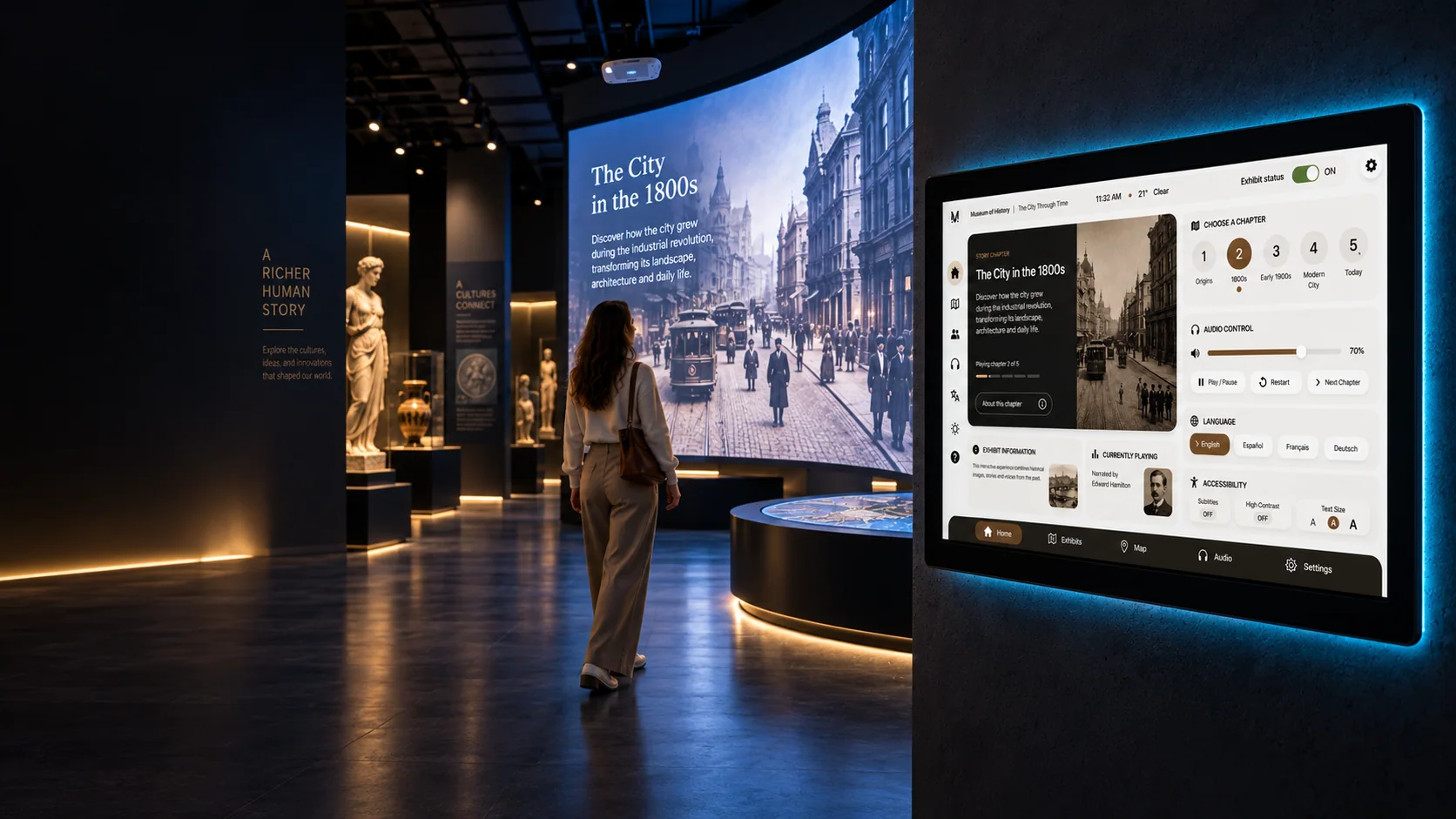 Visitor approaching an interactive museum exhibit monitored by a proximity sensor