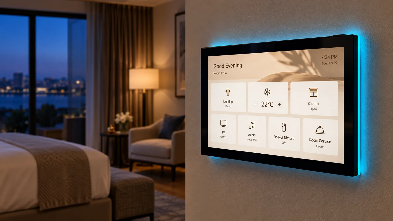 AVS Touch Panel controlling lighting and shades in a premium hotel room