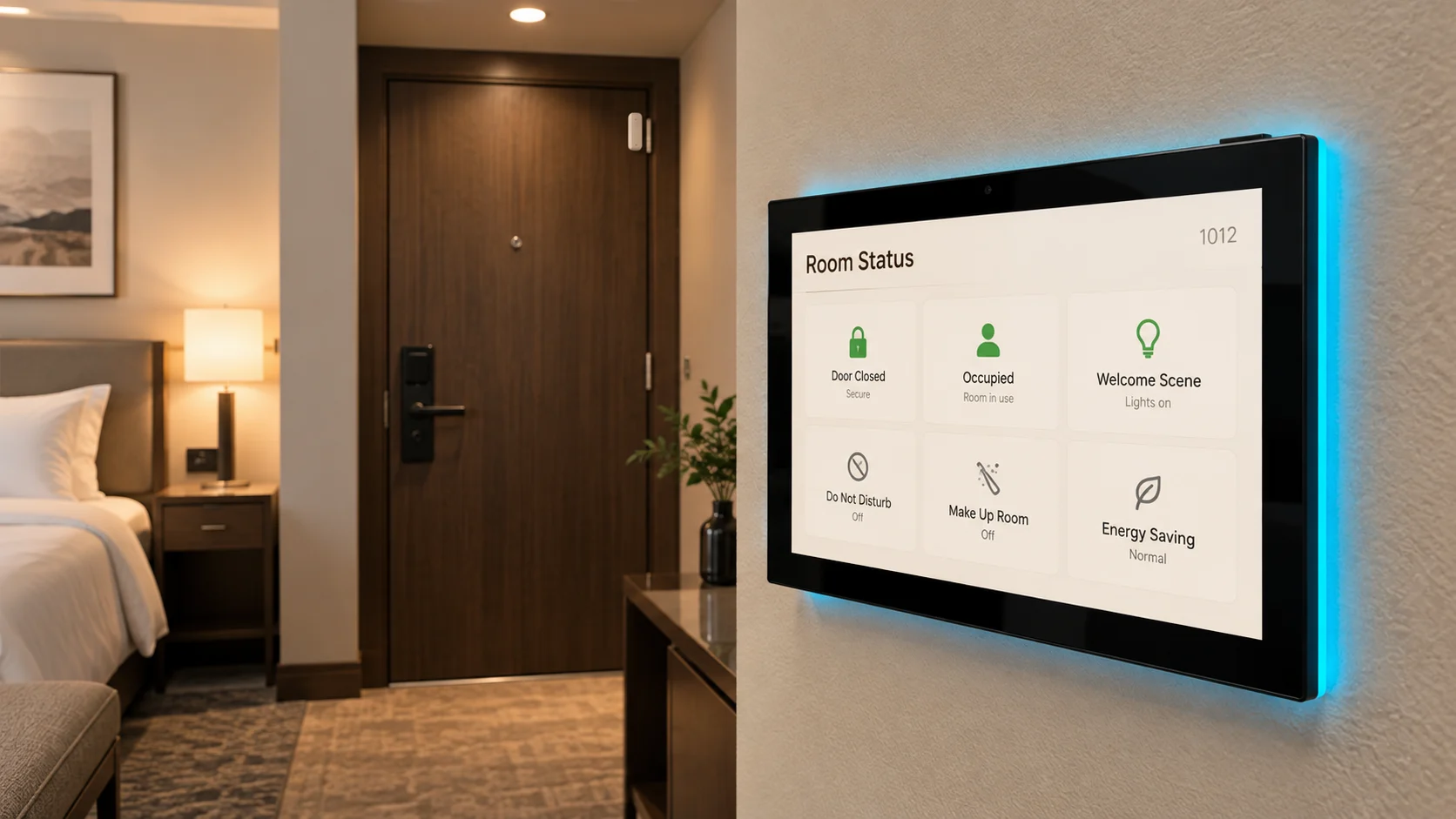 AVS Touch Panel mounted inside a hotel room beside the entrance, showing room and door status