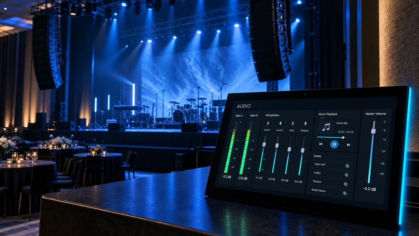 Touch panel showing live event audio channels and level meters beside a stage